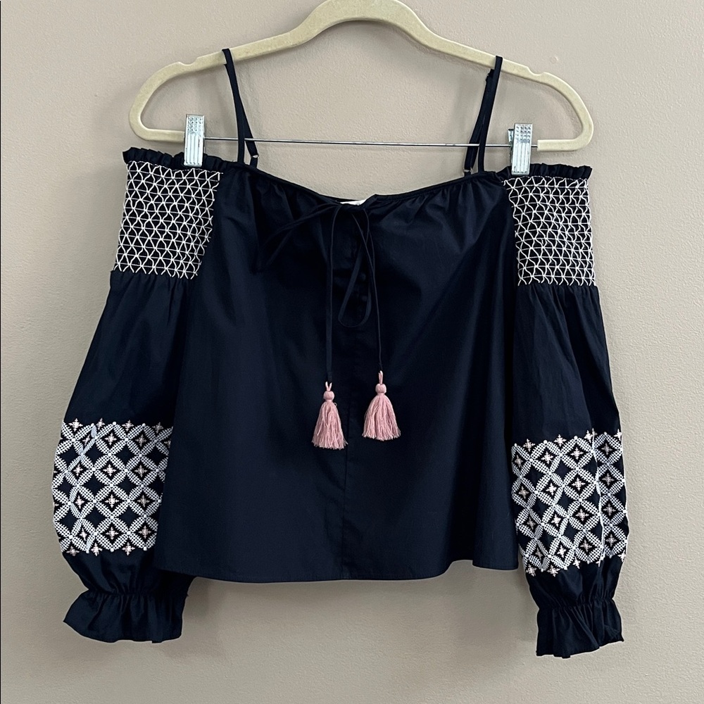 Rebecca Minkoff Tiffany embroidered off the shoulder navy blouse size small